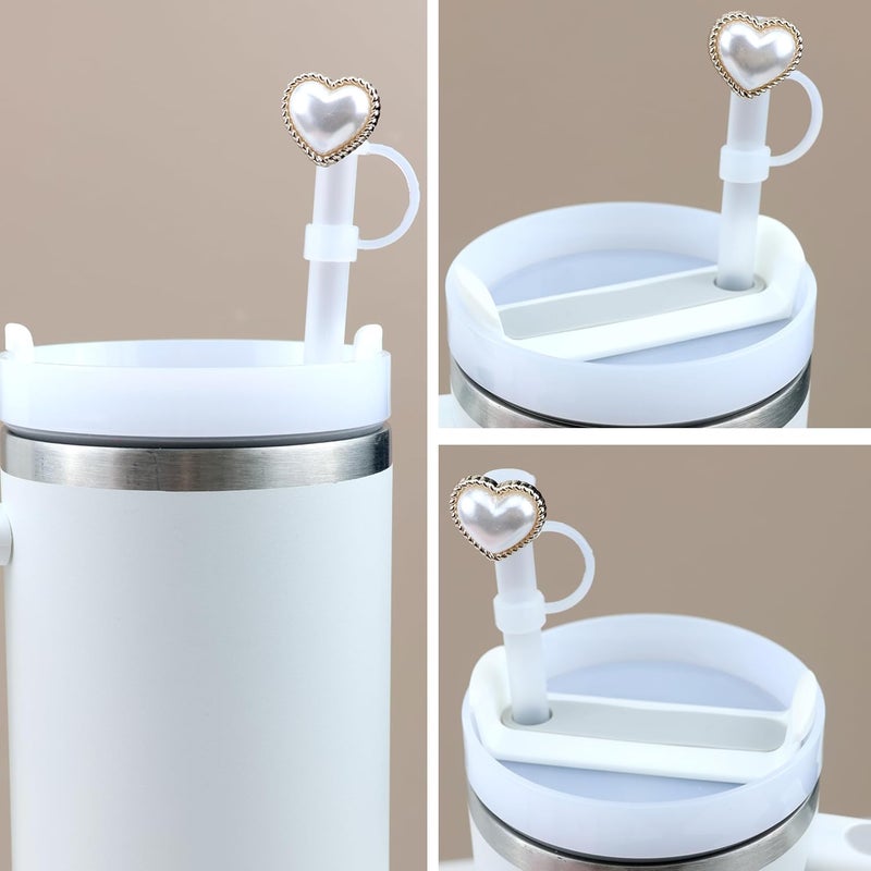 SEMATA 5PCS Silicone Straw Toppers for Stanley Cup Accessories,Pearls Rhinestone Straw Cover Cap for Stanley Tumbler 40&30 oz,Cute White Reusable Straws Tips Protectors Compatible with 10mm Straws - Image 3
